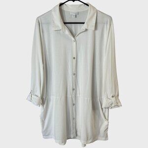 J.Jill Pima Cotton Button-Up Shirt White Women's XL Long-Sleeve Roll-Tab Tunic